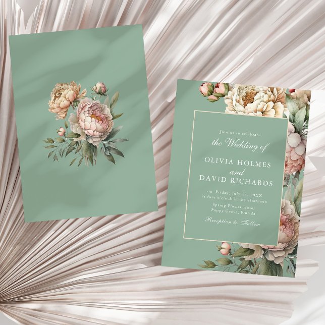 Convite de Casamento com Buquê de Peônia em Verde  (Pastel Sage Green Blush Peony Wedding Invitation on a sunny neutral dry palm leaf.)
