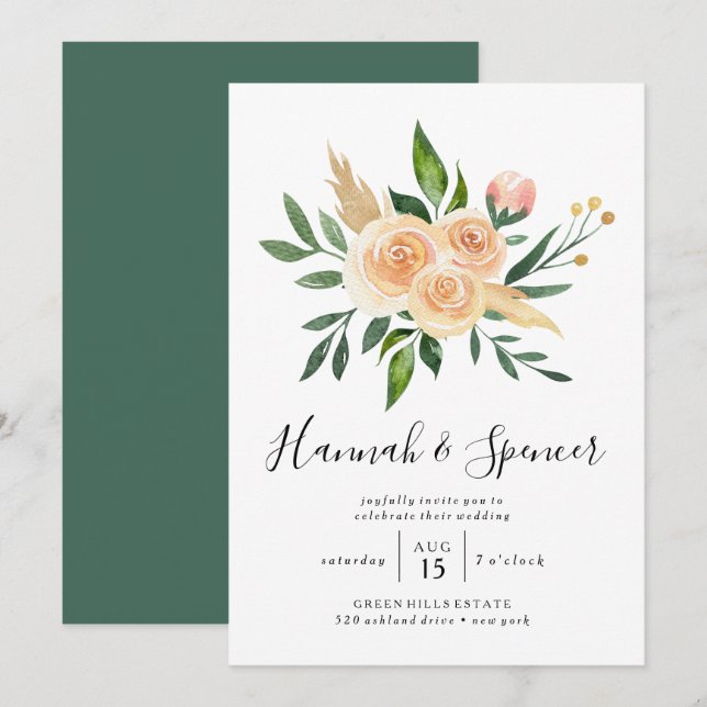 Convite de Casamento com Buquê de Rosas Pêssego (Frente/Verso)