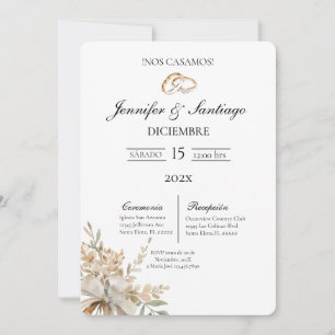 Convite de casamento com buquê e aliança