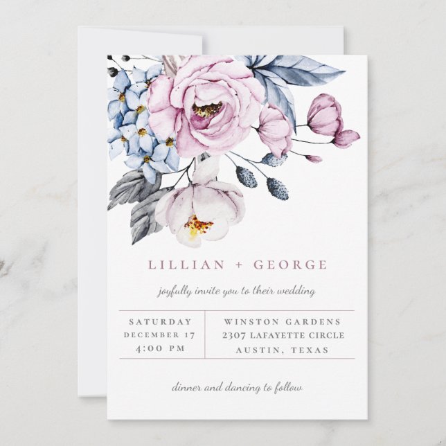 Convite de Casamento com Buquê Floral Azul Poenta  (Frente)