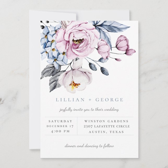 Convite de Casamento com Buquê Floral Roxo Azul Em (Frente)