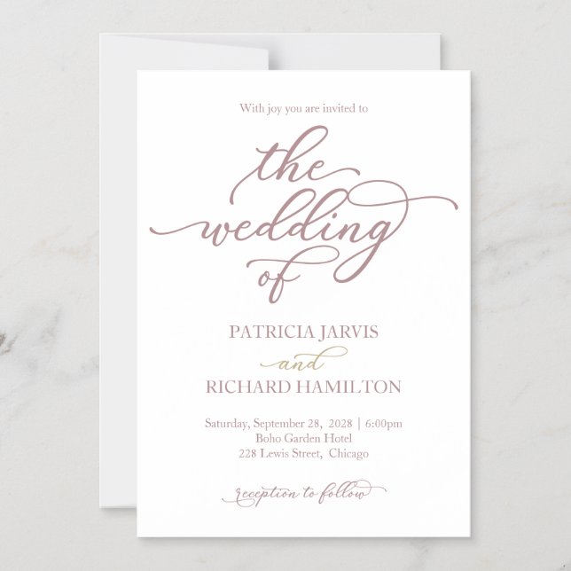 Convite de Casamento com Caligrafia em Dourado Ros (Frente)