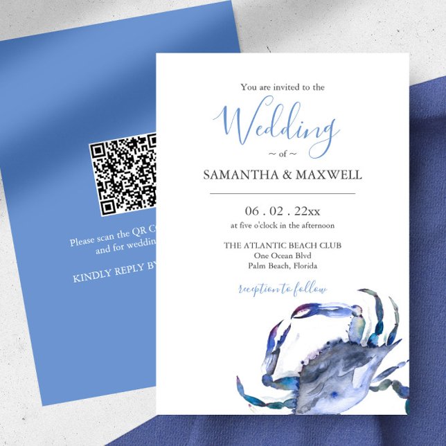 Convite de Casamento com Caranguejo Aquarela de Có (Beach Wedding invitations with QR code features a watercolor blue crab by Victoria Grigaliunas )