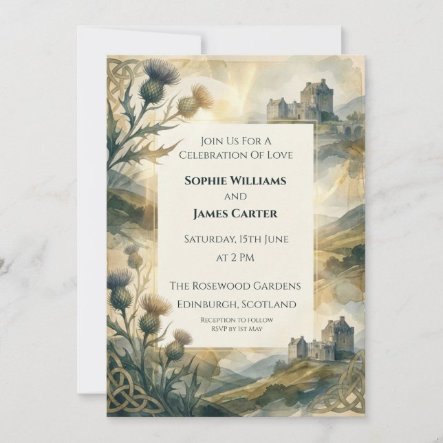 Convite de Casamento com Cardo das Terras Altas da (Frente)