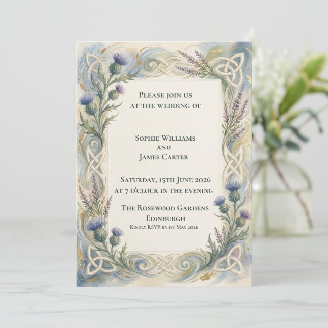 Convite de Casamento com Cardo em Aquarela (Em pé/Frente)