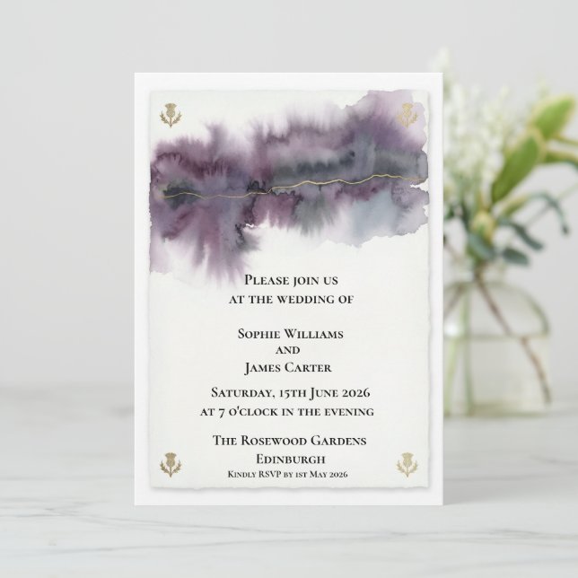 Convite de Casamento com Cardo em Aquarela Roxa (Em pé/Frente)