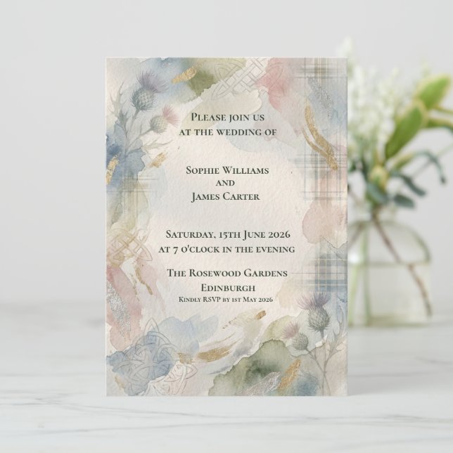 Convite de Casamento com Cardo Escocês em Aquarela (Em pé/Frente)