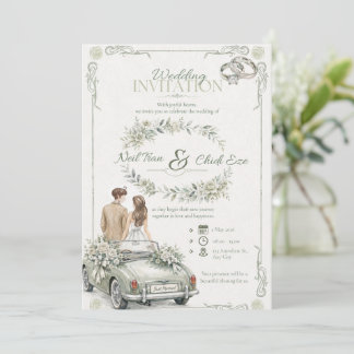 Convite de Casamento com Carro Antigo em Aquarela 