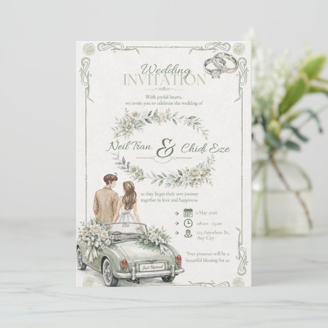 Convite de Casamento com Carro Antigo em Aquarela  (Em pé/Frente)