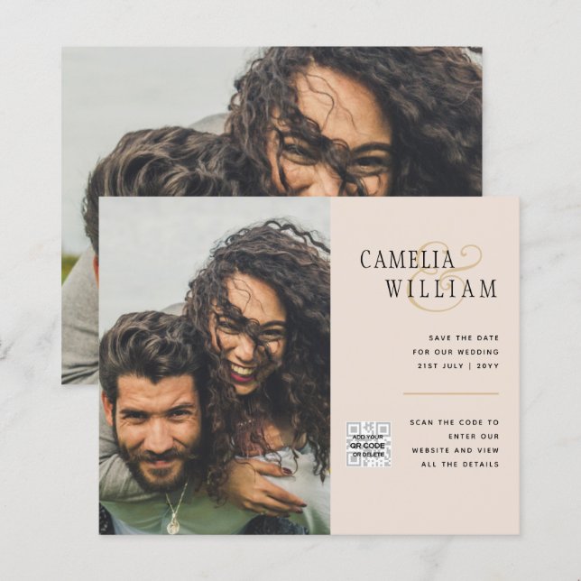 Convite de Casamento com Código QR Champagne Blush (Frente/Verso)