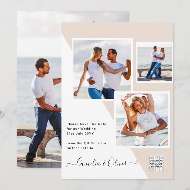 Convite de Casamento com Código QR Champagne Blush (Frente/Verso)