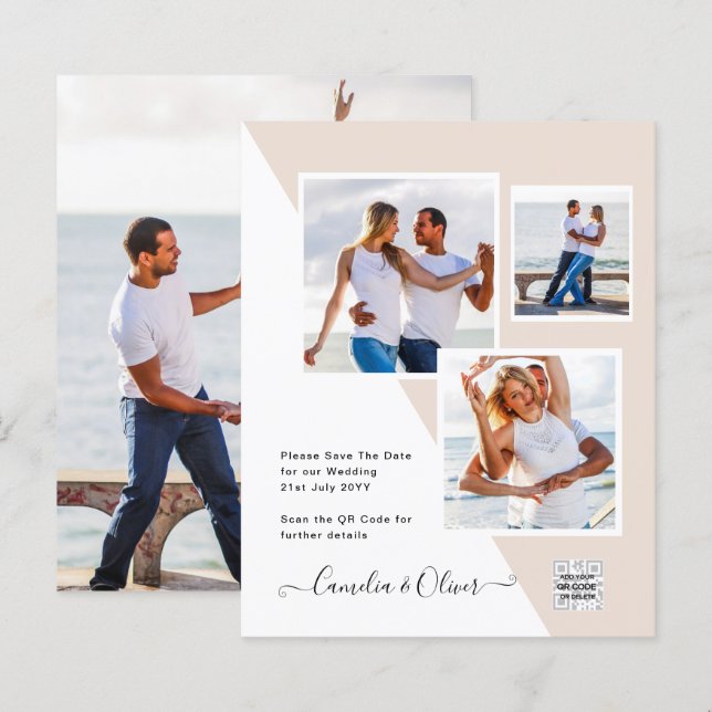 Convite de Casamento com Código QR Champagne Blush (Frente/Verso)