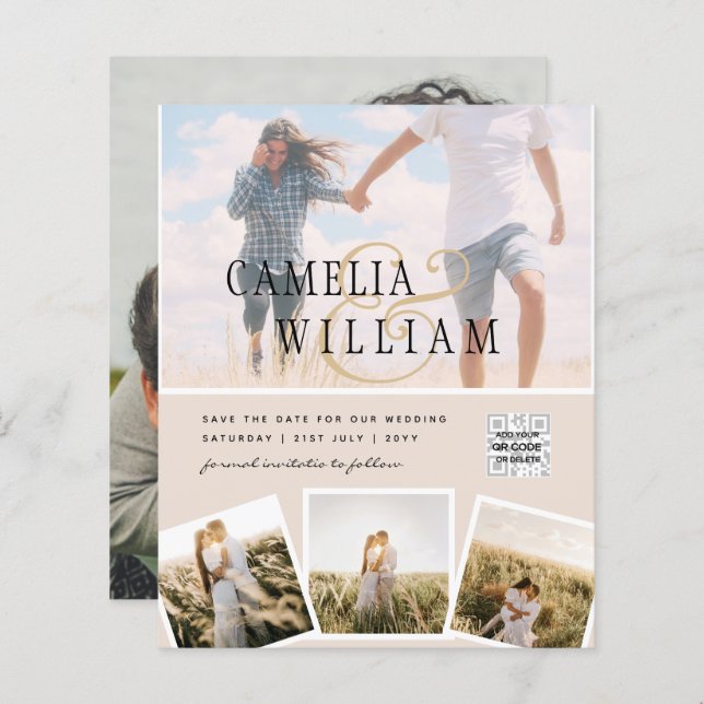 Convite de Casamento com Código QR Champagne Blush (Frente/Verso)