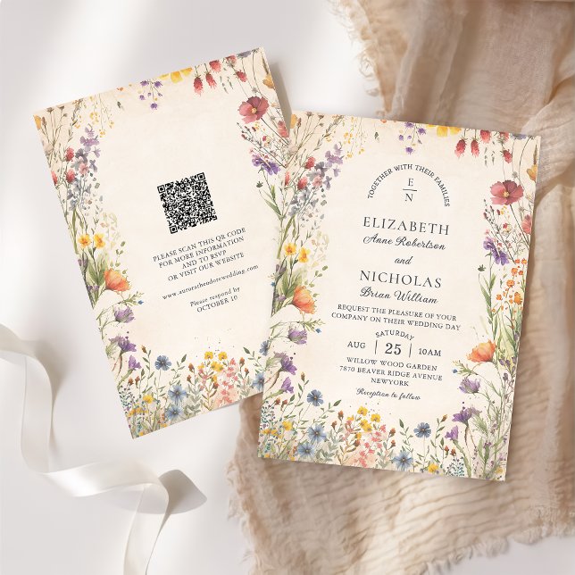 Convite de Casamento com Código QR de Flores Silve (Criador carregado)