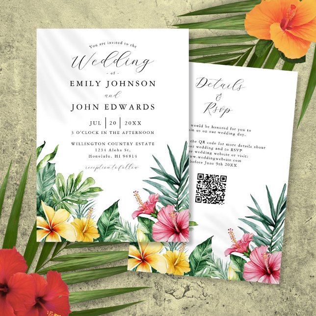 Convite de Casamento com Código QR de Flores Tropi (Watercolor Tropical Flowers QR Code Wedding Invitation)