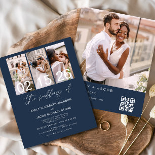 Convite de casamento com código QR de foto azul ma