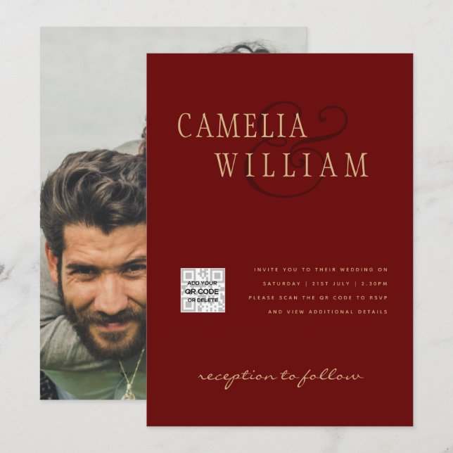 Convite de Casamento com Código QR de Foto Borgonh (Frente/Verso)