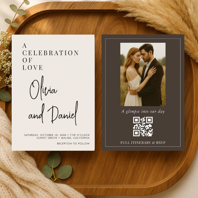 Convite de Casamento com Código QR de Foto em Scri (Criador carregado)