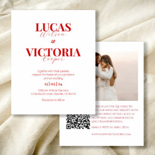 Convite de casamento com código QR de foto vermelh