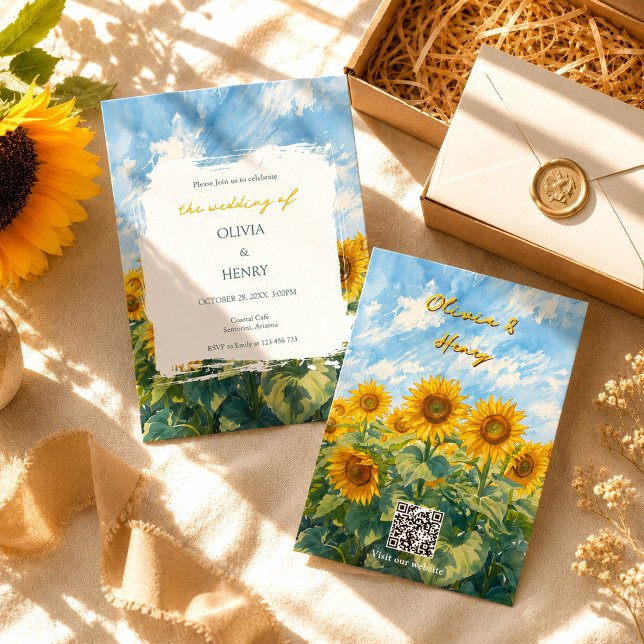 Convite de Casamento com Código QR de Girassóis In (Criador carregado)