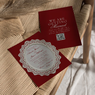 Convite de Casamento com Código QR de Renda Burgun