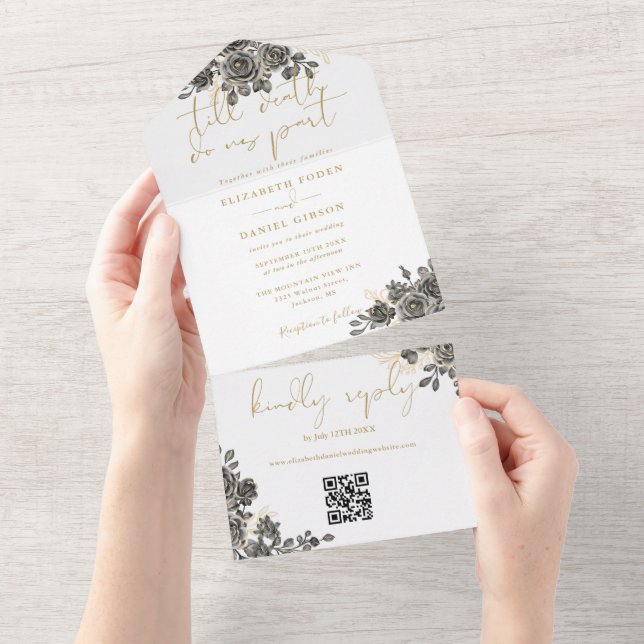 Convite de Casamento com Código QR de Rosas Gótica (Tearaway)
