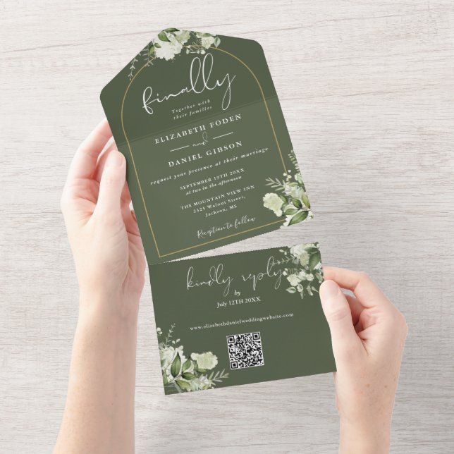 Convite de Casamento com Código QR de Verde Oliva  (Aba destacável)