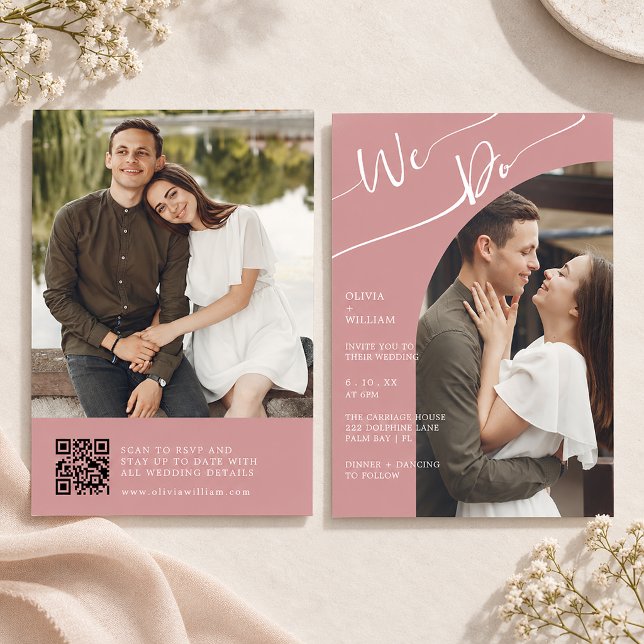 Convite de Casamento com Código QR e Foto em Rosa  (Dusty Rose Photo QR Code Wedding)
