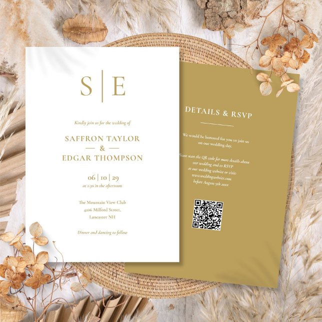 Convite de Casamento com Código QR e Monograma Dou (Modern Gold Monogram QR Code Wedding Invitation)