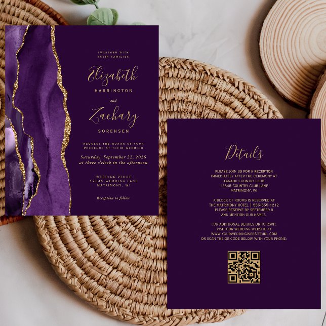 Convite de Casamento com Código QR em Ágata Dourad (Criador carregado)