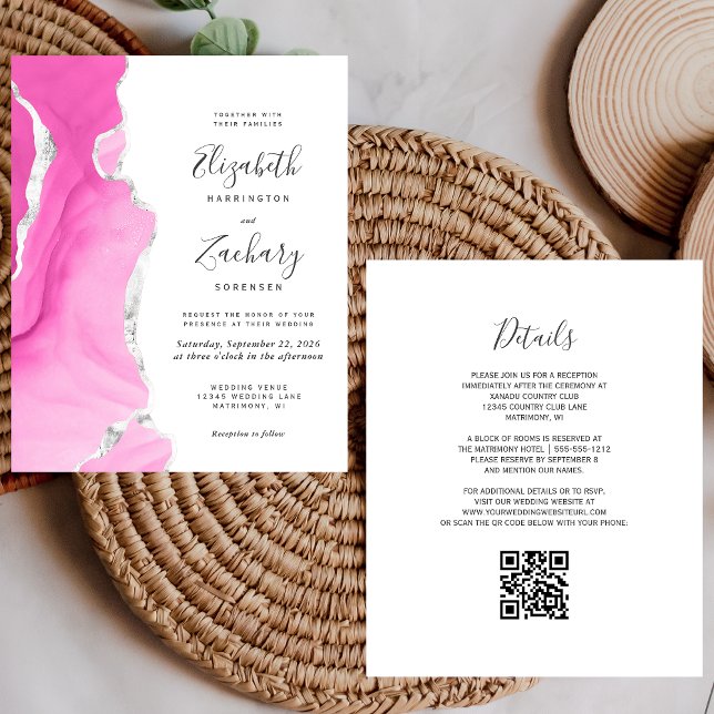 Convite de Casamento com Código QR em Ágata Rosa O (Criador carregado)