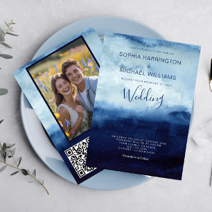 Convite de Casamento com Código QR em Aquarela Azu