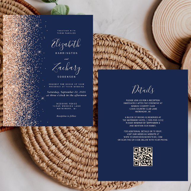 Convite de Casamento com Código QR em Azul Marinho (Criador carregado)
