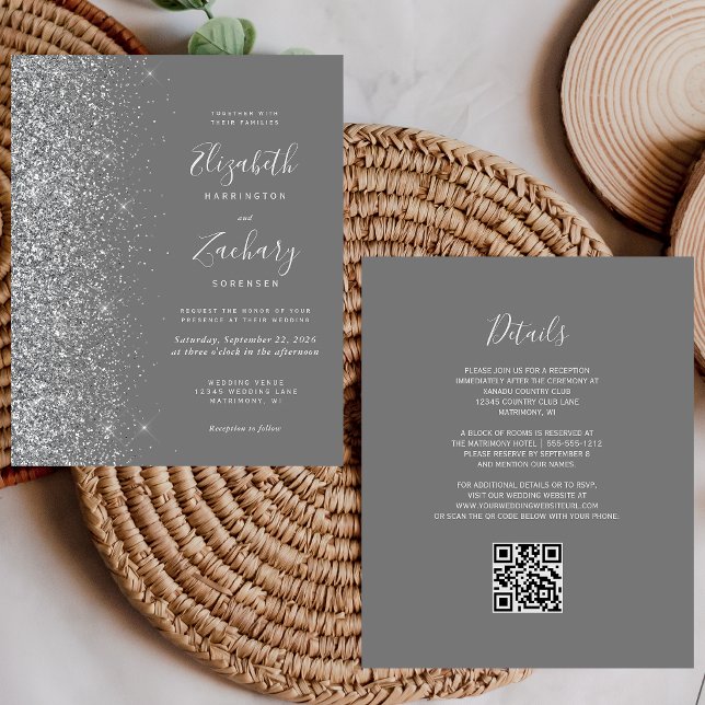 Convite de Casamento com Código QR em Cinza e Bril (Criador carregado)