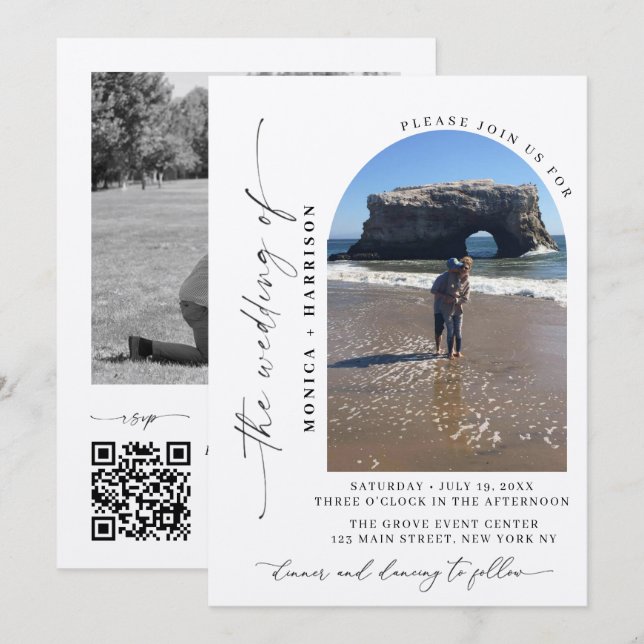 Convite de Casamento com Código QR em Letra Elegan (Frente/Verso)