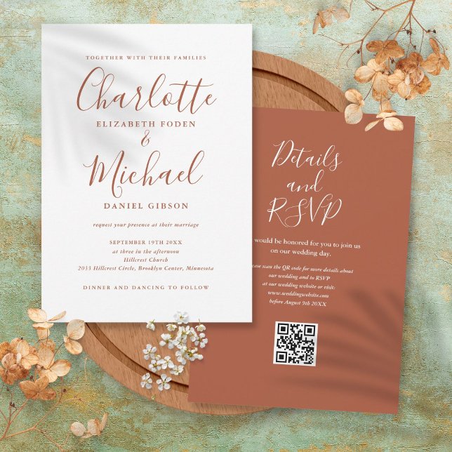 Convite de Casamento com Código QR em Letra Elegan (Terracotta Elegant Script QR Code Wedding Invitation)