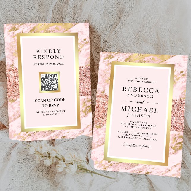Convite de casamento com código QR em mármore rosa (Criador carregado)