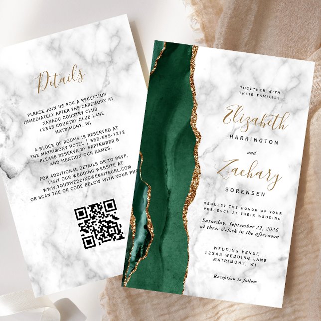 Convite de Casamento com Código QR em Mármore Verd (Criador carregado)