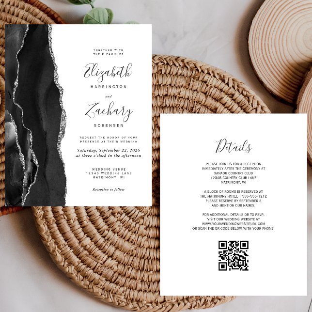 Convite de Casamento com Código QR em Prata Preta  (Criador carregado)