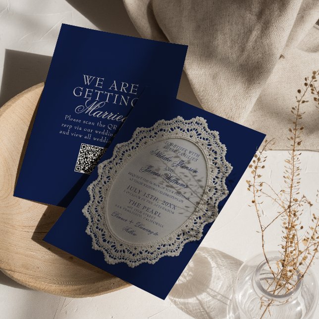 Convite de Casamento com Código QR em Renda Azul M (Criador carregado)