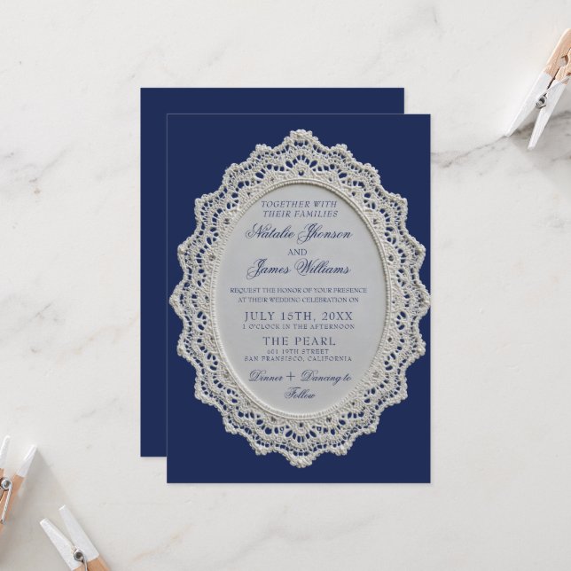 Convite de Casamento com Código QR em Renda Azul M (Frente/Verso In Situ)