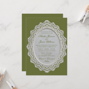 Convite de Casamento com Código QR em Renda Verde 