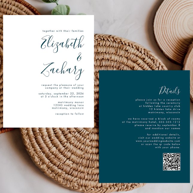 Convite de Casamento com Código QR em Script Azul  (Criador carregado)