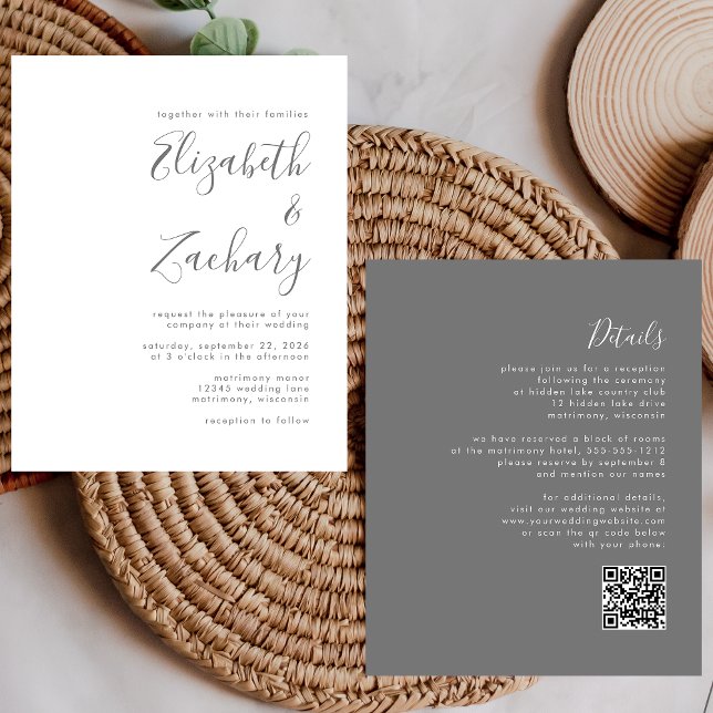 Convite de Casamento com Código QR em Script Cinza (Criador carregado)