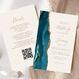 Convite de Casamento com Código QR em Teal, Dourad