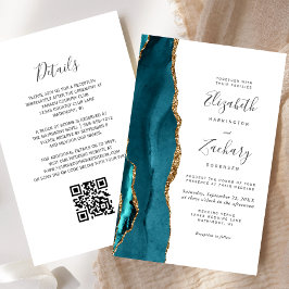 Convite de Casamento com Código QR em Teal e Doura