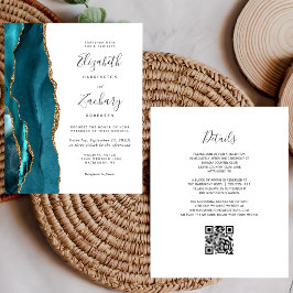 Convite de Casamento com Código QR em Teal e Doura