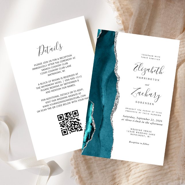 Convite de Casamento com Código QR em Teal Prata Á (Criador carregado)