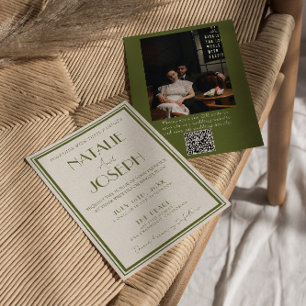 Convite de casamento com código QR em verde oliva