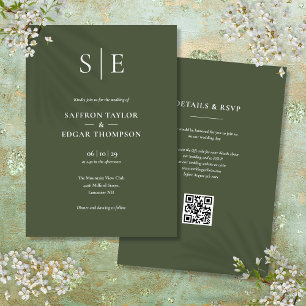 Convite de Casamento com Código QR em Verde Oliva 